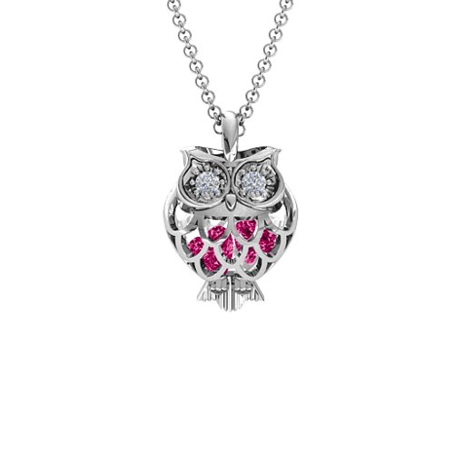 Wise Owl Caged Pendant – Sterling Silver with Ruby and Cubic Zirconia
