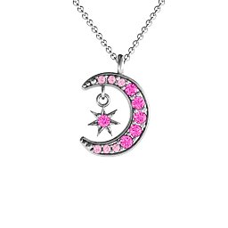 Sparkling Star And Moon Gemstone Pendant in 925 Sterling Silver with Pink Tourmaline and Fancy Pink Premium Zirconia