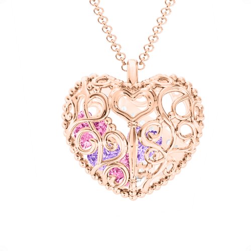 Engravable Heart Cage Pendant With 1 - 6 Heart Gemstones – 10K Rose Gold with Pink Tourmaline, Amethyst, and Cubic Zirconia