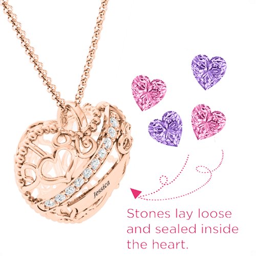Engravable Heart Cage Pendant With 1 - 6 Heart Gemstones – 10K Rose Gold with Pink Tourmaline, Amethyst, and Cubic Zirconia
