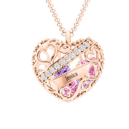 Engravable Heart Cage Pendant With 1 - 6 Heart Gemstones – 10K Rose Gold with Pink Tourmaline, Amethyst, and Cubic Zirconia