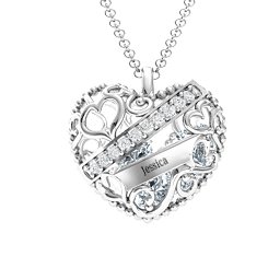 Engravable Heart Cage Pendant With 1 - 6 Heart Gemstones in 925 Sterling Silver with Diamond, Aquamarine, and Emerald