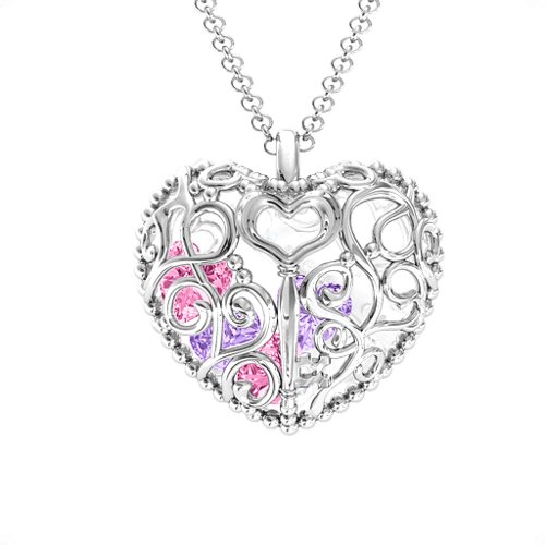Engravable Heart Cage Pendant With 1 - 6 Heart Gemstones – Sterling Silver with Pink Tourmaline, Amethyst, and Cubic Zirconia