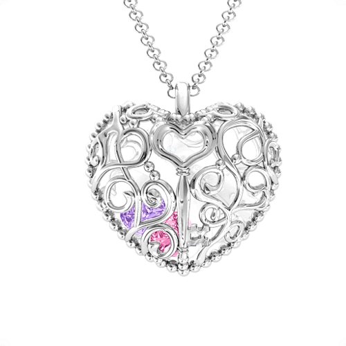 Engravable Heart Cage Pendant With 1 - 6 Heart Gemstones – Sterling Silver with Pink Tourmaline, Amethyst, and Cubic Zirconia