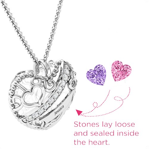Engravable Heart Cage Pendant With 1 - 6 Heart Gemstones – Sterling Silver with Pink Tourmaline, Amethyst, and Cubic Zirconia