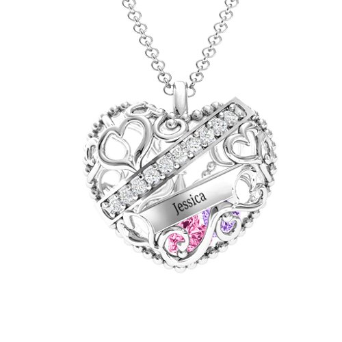 Engravable Heart Cage Pendant With 1 - 6 Heart Gemstones – Sterling Silver with Pink Tourmaline, Amethyst, and Cubic Zirconia