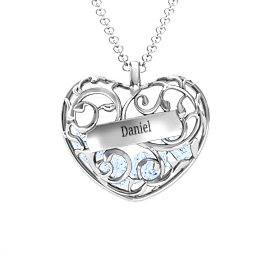Fancy Filigree Engravable Cage Heart Pendant in 925 Sterling Silver with Aquamarine, Citrine, and Blue Topaz