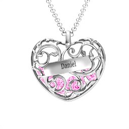 Fancy Filigree Engravable Cage Heart Pendant in 925 Sterling Silver with Pink Tourmaline, Citrine, and Blue Topaz
