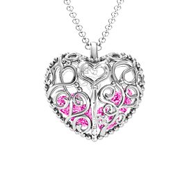 Filigree Lock & Key Heart Cage Pendant in 925 Sterling Silver with Pink Tourmaline, Aquamarine, and Emerald