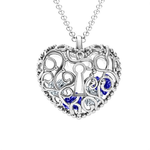 Filigree Lock & Key Heart Cage Pendant – Sterling Silver with Blue Sapphire and Cubic Zirconia