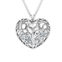 Filigree Lock & Key Heart Cage Pendant in 925 Sterling Silver with Diamond, Aquamarine, and Emerald