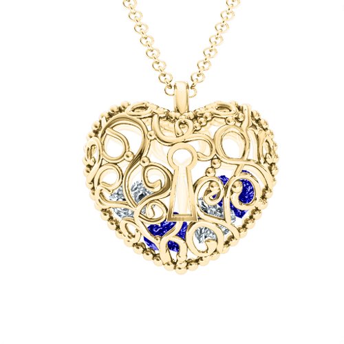 Filigree Lock & Key Heart Cage Pendant – 10K Yellow Gold with Blue Sapphire and Cubic Zirconia