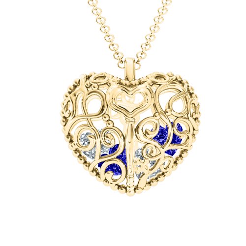 Filigree Lock & Key Heart Cage Pendant – 10K Yellow Gold with Blue Sapphire and Cubic Zirconia