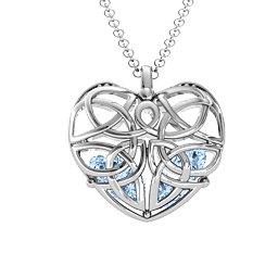 Celtic Trinity Knot Caged Heart Pendant in 925 Sterling Silver with Aquamarine and Emerald