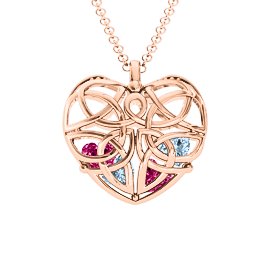 Celtic Trinity Knot Caged Heart Pendant in 10K Solid Rose Gold with Aquamarine, Ruby, and Emerald