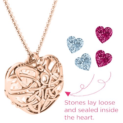 Celtic Trinity Knot Caged Heart Pendant – 10K Rose Gold with Aquamarine and Ruby