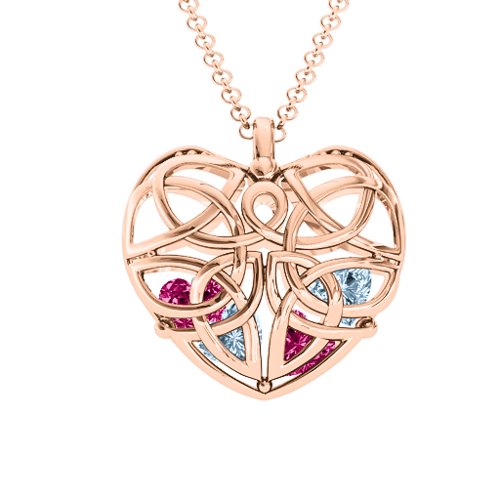 Celtic Trinity Knot Caged Heart Pendant – 10K Rose Gold with Aquamarine and Ruby