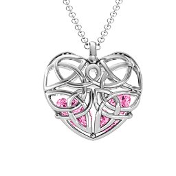 Celtic Trinity Knot Caged Heart Pendant in 925 Sterling Silver with Pink Tourmaline, Aquamarine, and Emerald