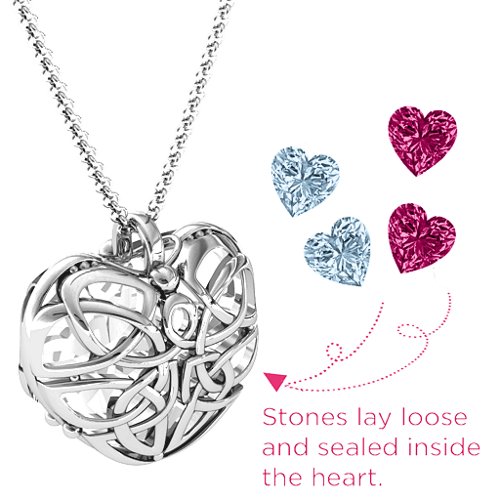 Celtic Trinity Knot Caged Heart Pendant – Sterling Silver with Aquamarine and Ruby