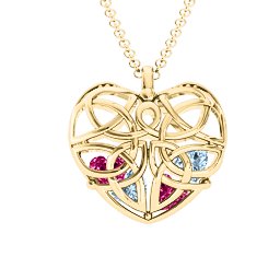 Celtic Trinity Knot Caged Heart Pendant in 10K Solid Yellow Gold with Aquamarine, Ruby, and Emerald