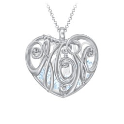 Graceful Mom Heart Cage Pendant With 2-8 Birthstones in 925 Sterling Silver with Aquamarine, Emerald, Blue Sapphire, Blue Topaz, and Ruby