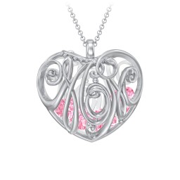 Graceful Mom Heart Cage Pendant With 2-8 Birthstones in 925 Sterling Silver with Pink Tourmaline, Emerald, Blue Sapphire, Blue Topaz, and Ruby
