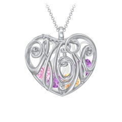 Graceful Mom Heart Cage Pendant With 2-8 Birthstones – Sterling Silver with Amethyst, Citrine, and Pink Tourmaline
