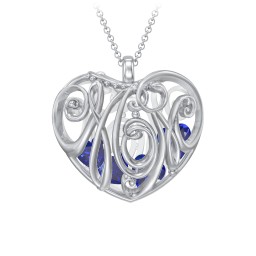 Graceful Mom Heart Cage Pendant With 2-8 Birthstones in 925 Sterling Silver with Blue Sapphire, Emerald, Blue Topaz, and Ruby