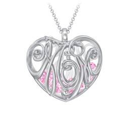 Graceful Mom Heart Cage Pendant With 2-8 Birthstones in 925 Sterling Silver with Pink Tourmaline, Emerald, Blue Sapphire, Blue Topaz, and Ruby