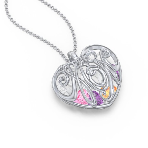Graceful Mom Heart Cage Pendant With 2-8 Birthstones – Sterling Silver with Amethyst, Citrine, and Pink Tourmaline