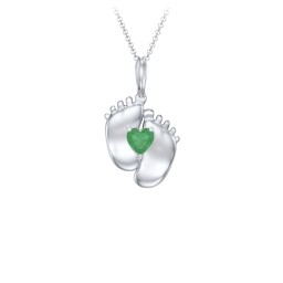 Engravable Baby Feet Birthstone Pendant in 925 Sterling Silver with Emerald