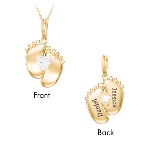 Engravable Baby Feet Birthstone Pendant – 10K Yellow Gold with Diamond