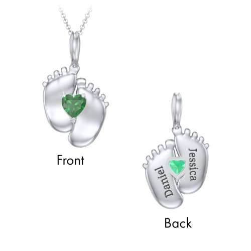 Engravable Baby Feet Birthstone Pendant – Sterling Silver with Emerald