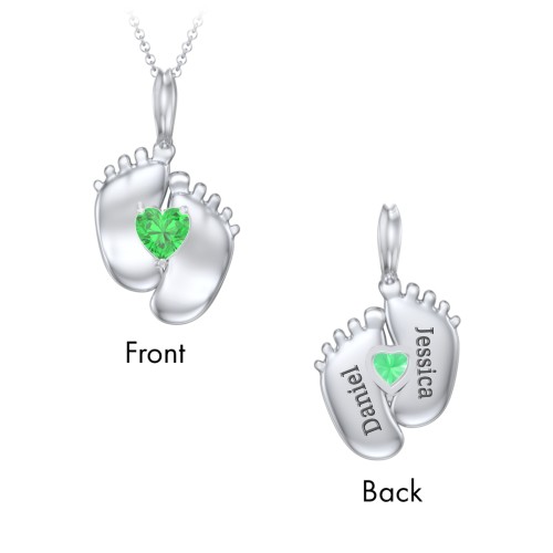 Engravable Baby Feet Birthstone Pendant – Sterling Silver with Emerald