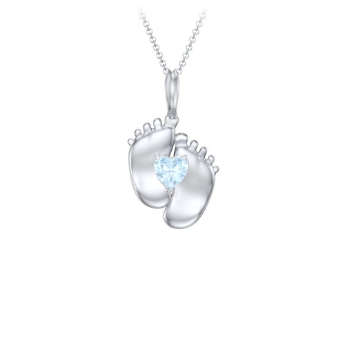 Engravable Baby Feet Birthstone Pendant – Sterling Silver with Aquamarine