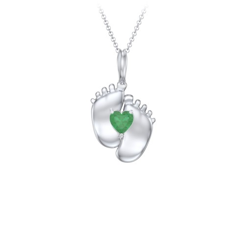 Engravable Baby Feet Birthstone Pendant – Sterling Silver with Emerald
