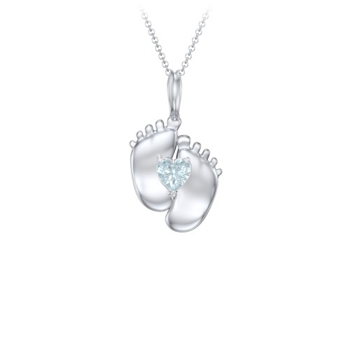 Engravable Baby Feet Birthstone Pendant – Sterling Silver with Aquamarine