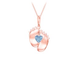 Engravable Baby Feet Birthstone Pendant in 10K Solid Rose Gold with Blue Topaz