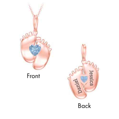 Engravable Baby Feet Birthstone Pendant – 10K Rose Gold with Blue Topaz