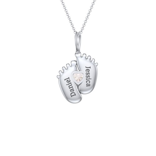 Engravable Baby Feet Birthstone Pendant – Sterling Silver with Cubic Zirconia