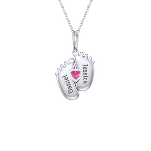 Engravable Baby Feet Birthstone Pendant – Sterling Silver with Ruby