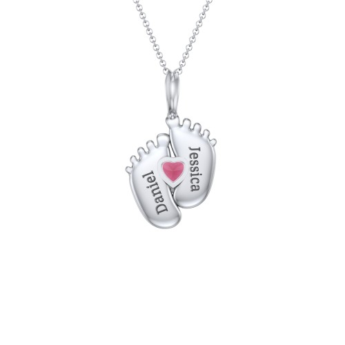 Engravable Baby Feet Birthstone Pendant – Sterling Silver with Ruby