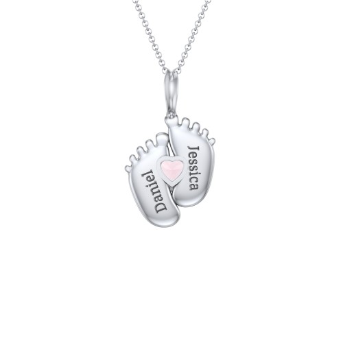 Engravable Baby Feet Birthstone Pendant – Sterling Silver with Pink Tourmaline