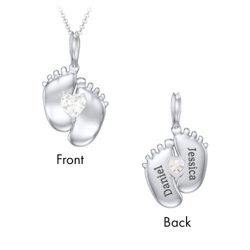 Engravable Baby Feet Birthstone Pendant – Sterling Silver with Cubic Zirconia