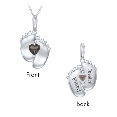 Engravable Baby Feet Birthstone Pendant – Sterling Silver with Smokey Quartz