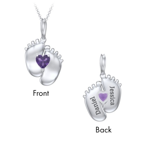 Engravable Baby Feet Birthstone Pendant – Sterling Silver with Amethyst