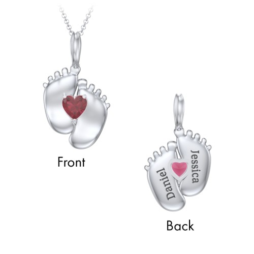 Engravable Baby Feet Birthstone Pendant – Sterling Silver with Ruby