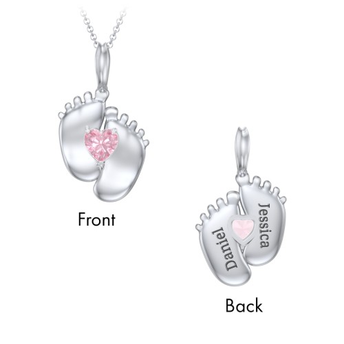Engravable Baby Feet Birthstone Pendant – Sterling Silver with Pink Tourmaline