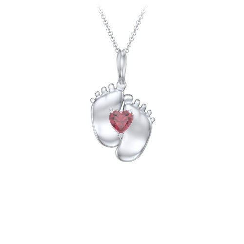 Engravable Baby Feet Birthstone Pendant – Sterling Silver with Ruby