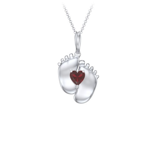 Engravable Baby Feet Birthstone Pendant – Sterling Silver with Garnet